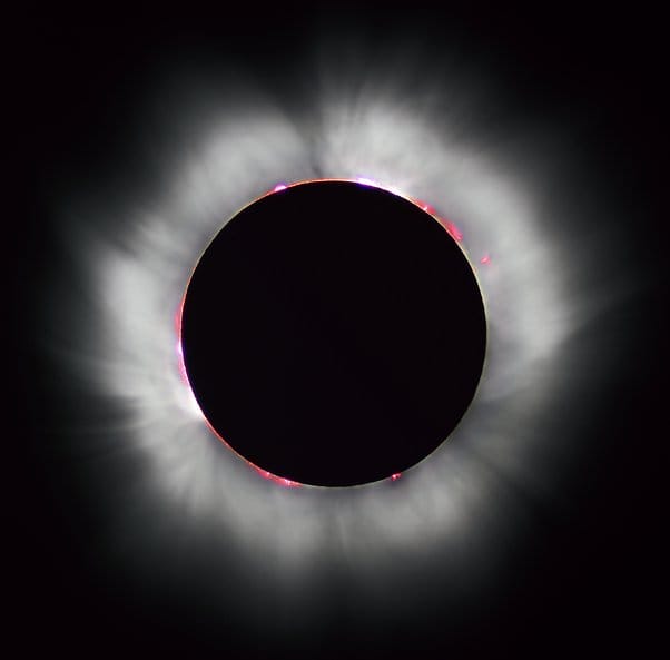 Total solar eclipse showing the Sun’s corona surrounding the dark Moon