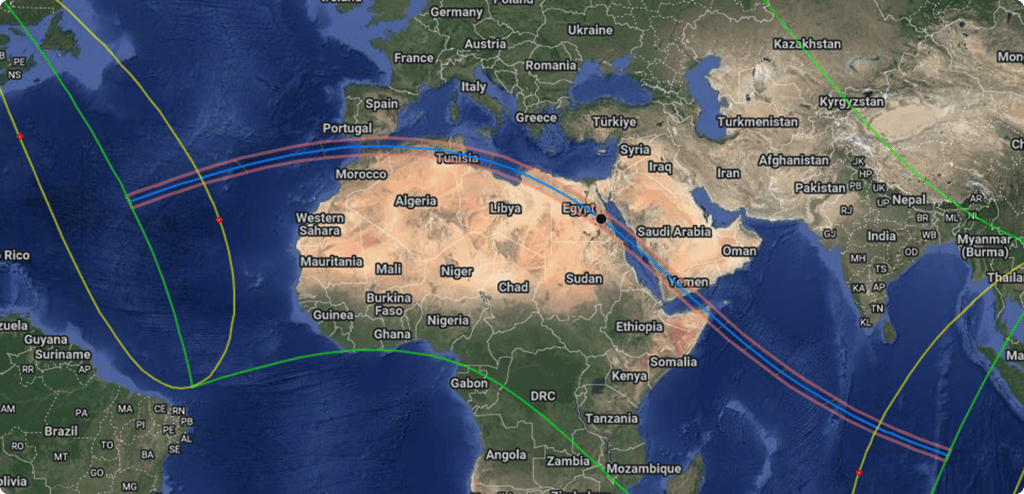 Mapa del món que mostra la trajectòria de totalitat de l'eclipsi de sol total del 2027 al nord d'Àfrica i al sud d'Europa.