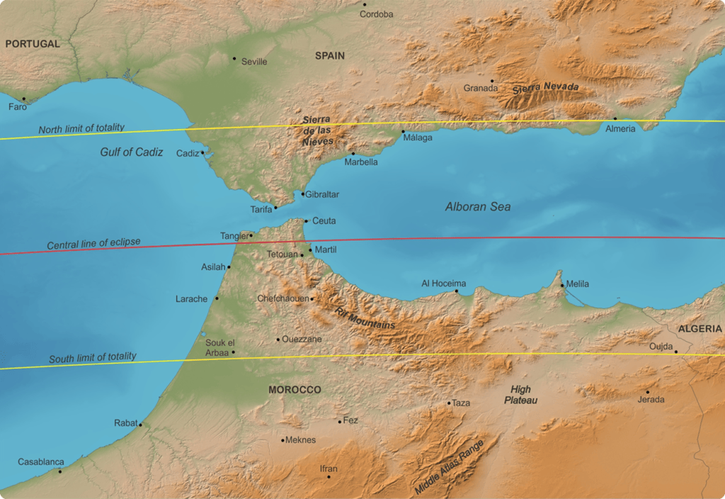 Mapa detallat que mostra la trajectòria de l'eclipsi solar del 2027 que creua el sud d'Espanya i el nord del Marroc