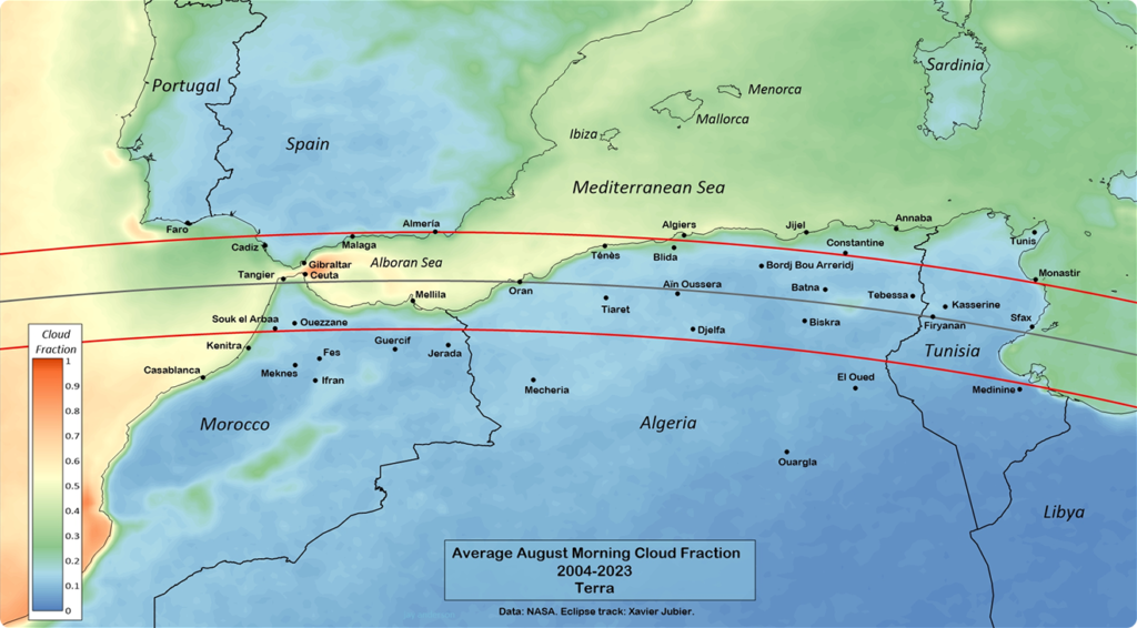 Mapa de la nuvolositat per a Espanya, Marroc i Tunísia durant l'eclipsi solar total de l'agost de 2027