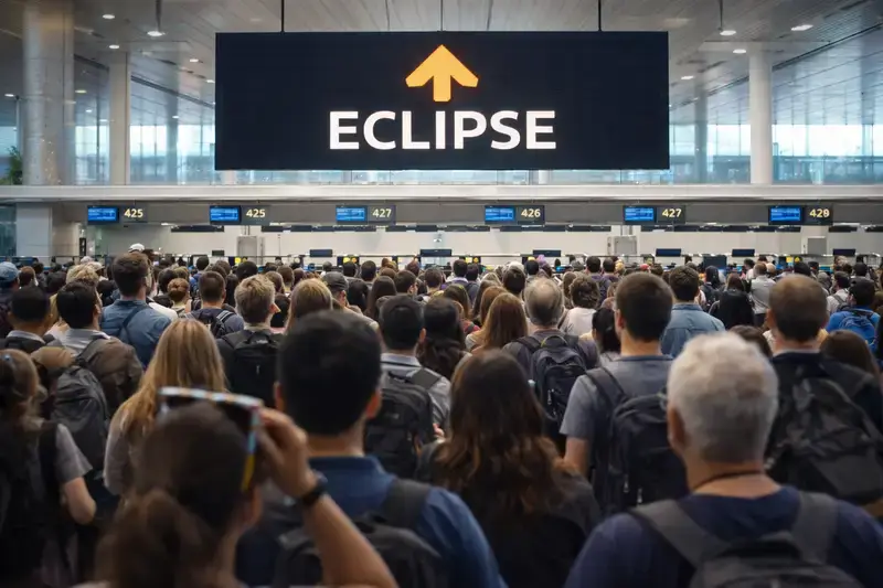 Terminal d'aeroport a Espanya plena de viatgers mirant una pantalla que indica la direcció de l'eclipsi de sol.