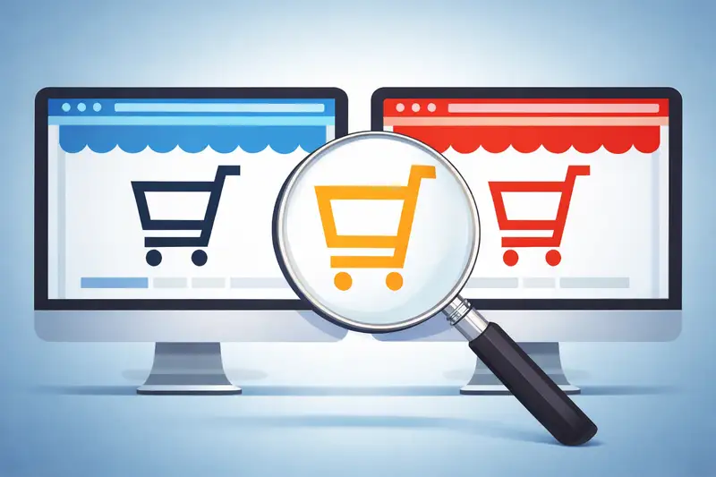 Graphique montrant deux boutiques en ligne sur des écrans d'ordinateur avec une loupe mettant en évidence un panier pour comparer les prix.