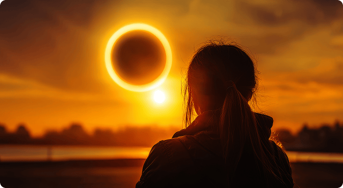 Dona observant un eclipsi solar anular durant la posta de sol, que simbolitza la missió de Spectrum de fer que els eclipsis siguin segurs per gaudir-ne.