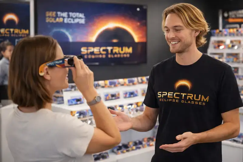 Botiga efímera (pop-up) de Spectrum Eclipse Glasses amb un membre de l'equip ajudant un client a emprovar-se unes ulleres d'eclipsi solar certificades.